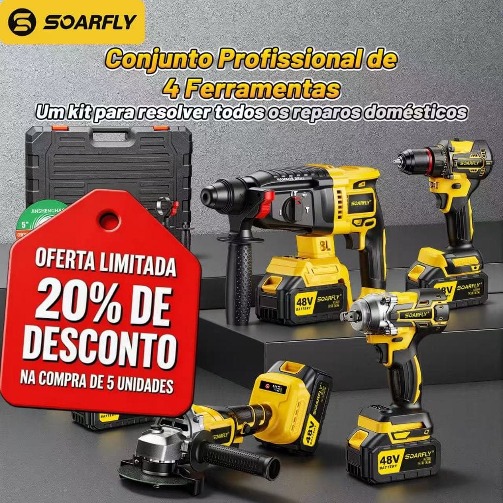 SOARFLY 4in1 Tool Kit Brushless Hammer Drill Grinder Sander Screwdriver Impact Wrench 2 Batteries 48v