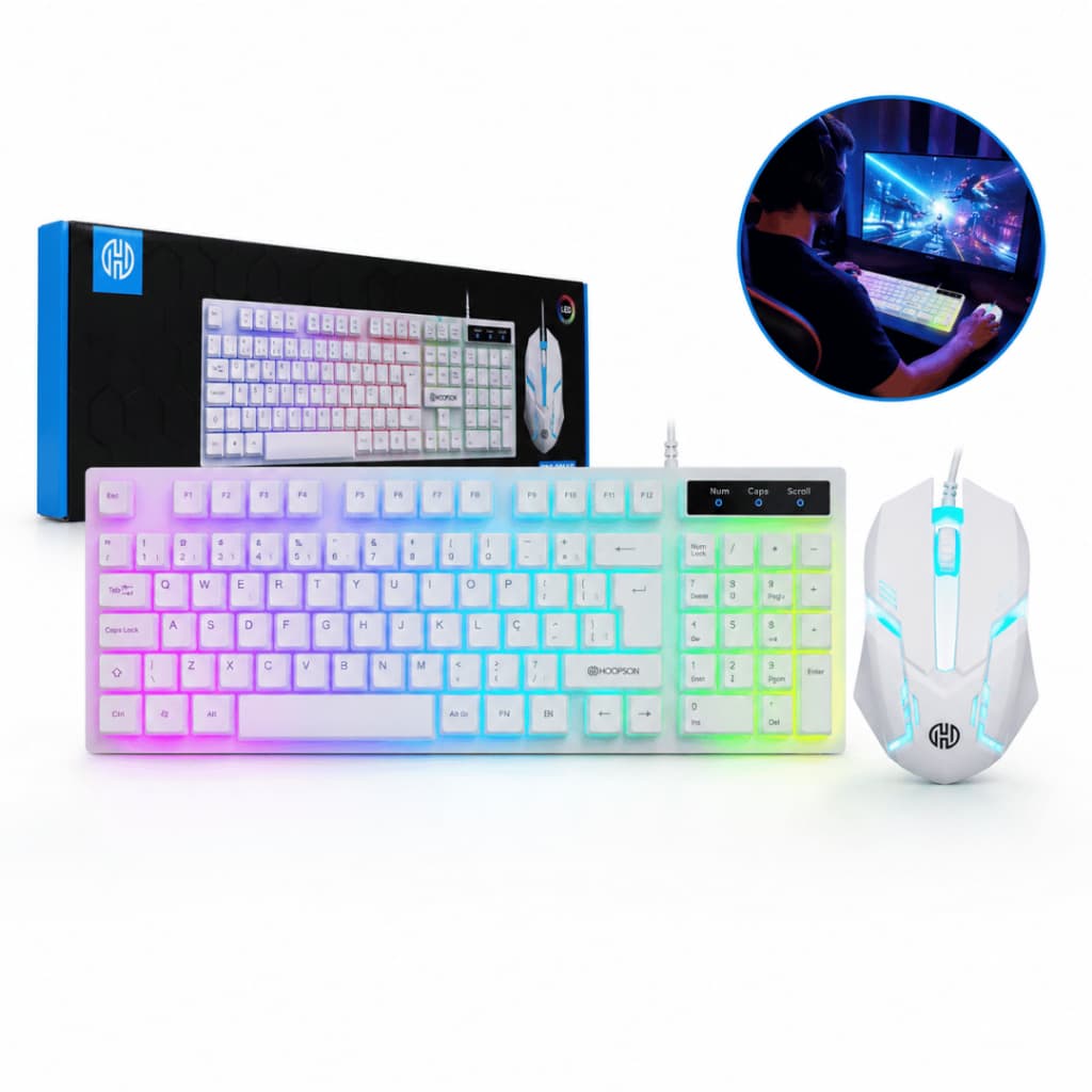 Kit Teclado e Mouse branco Gamer RGB LED USB ABNT2 Profissional com Luz para PC Notebook
