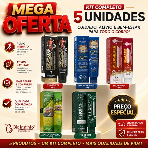 Kit 5 pomada Massageadora Milagrosa, Fisiofort Verde, FisioPower, Canela De Velho, Tira com a Mão - Bio Instinto