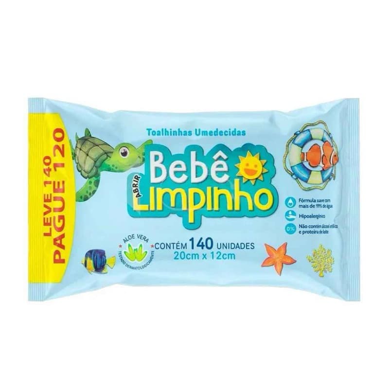 Lenço Toalha Umedecida Bebê Limpinho 140 Unidades