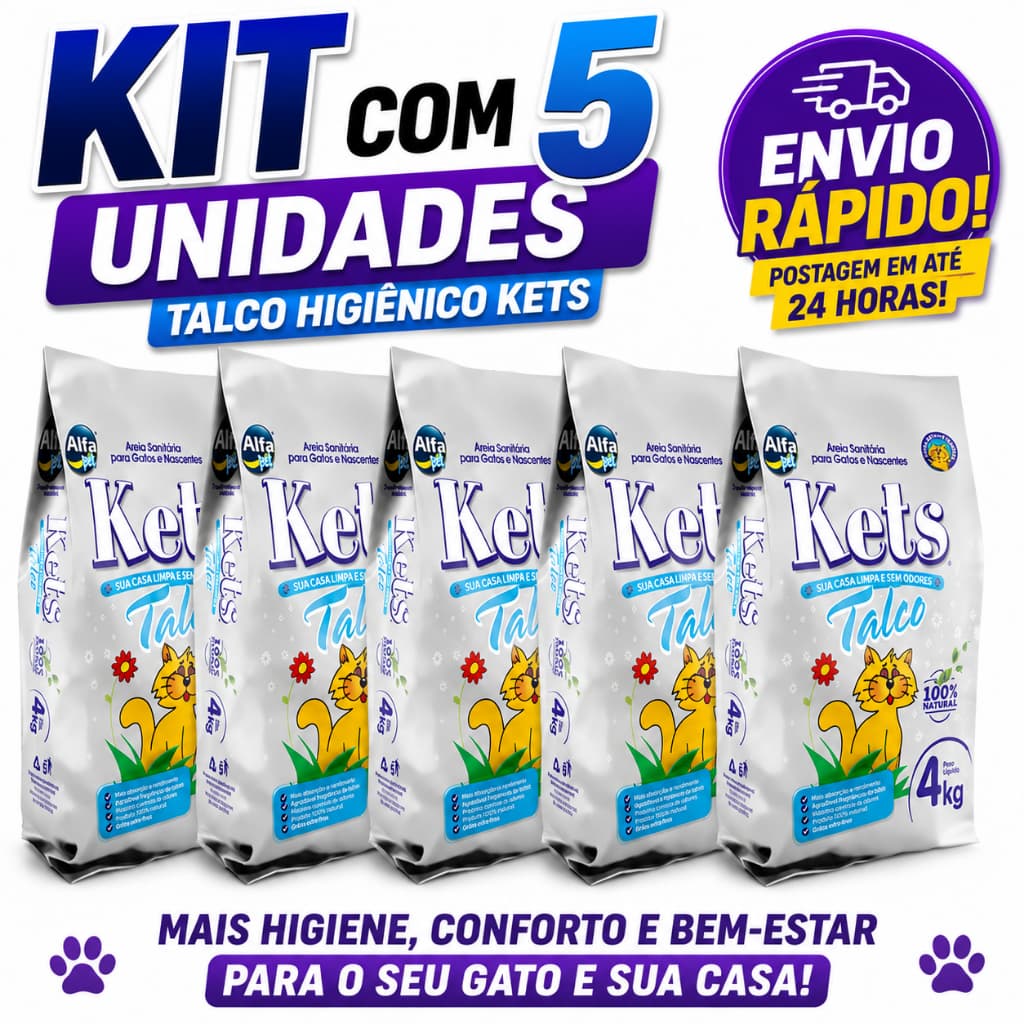 Kit C/5 pacotes ( Fardo ) de 4kg cada Areia Sanitária Kets para Gatos Talco Alfa Pet