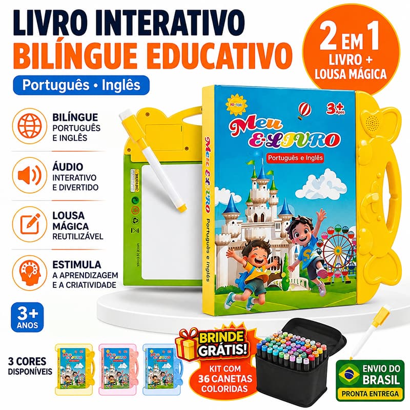 Livro Infantil com Som livro interativo Inglês e Português Com Lousa Mágica e Caneta Brinquedo Educativo