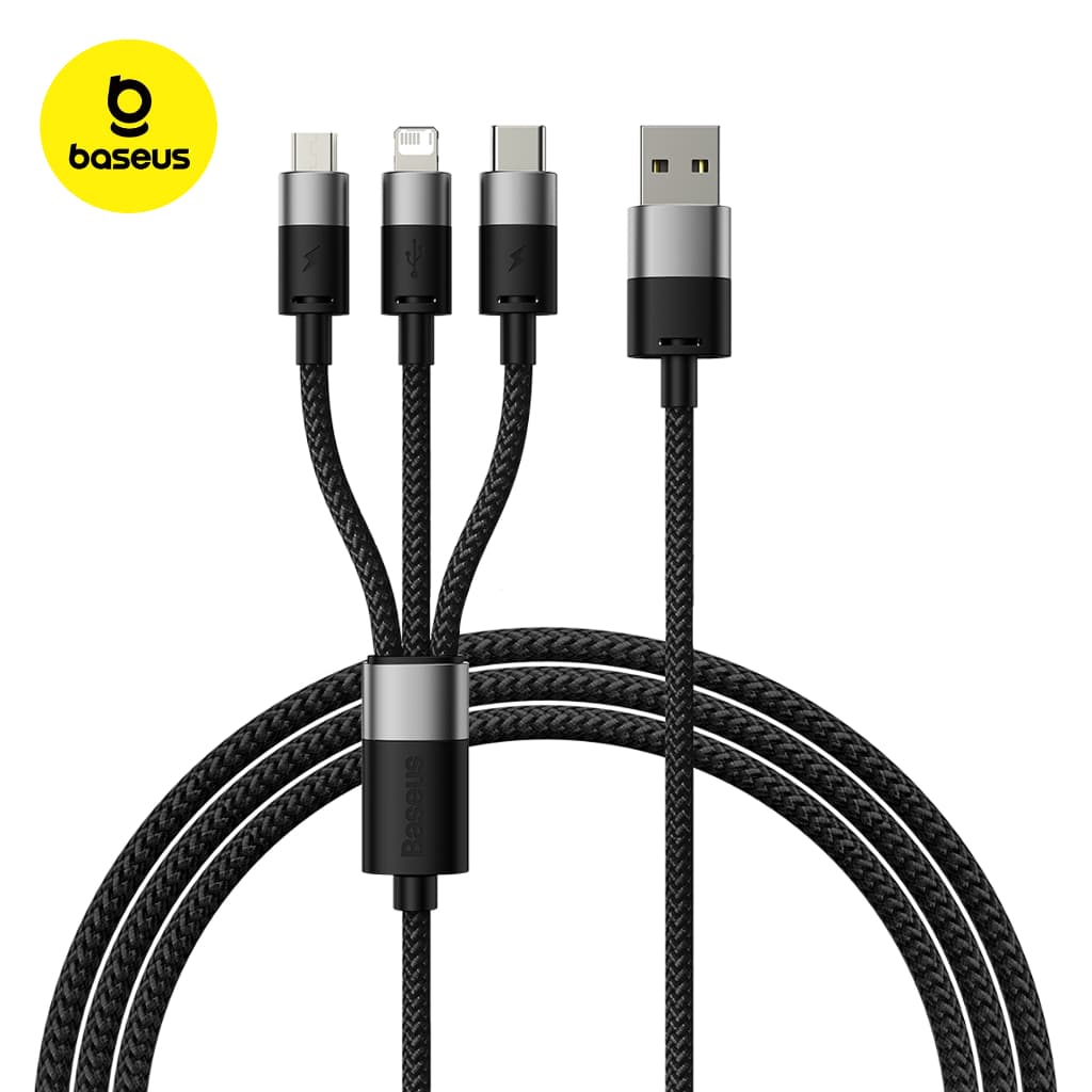 Baseus Cabo Carregamento Rápido StarSpeed 3-em-1 USB-A p/ Micro-USB + Lightning + USB-C 3.5A 1.2m