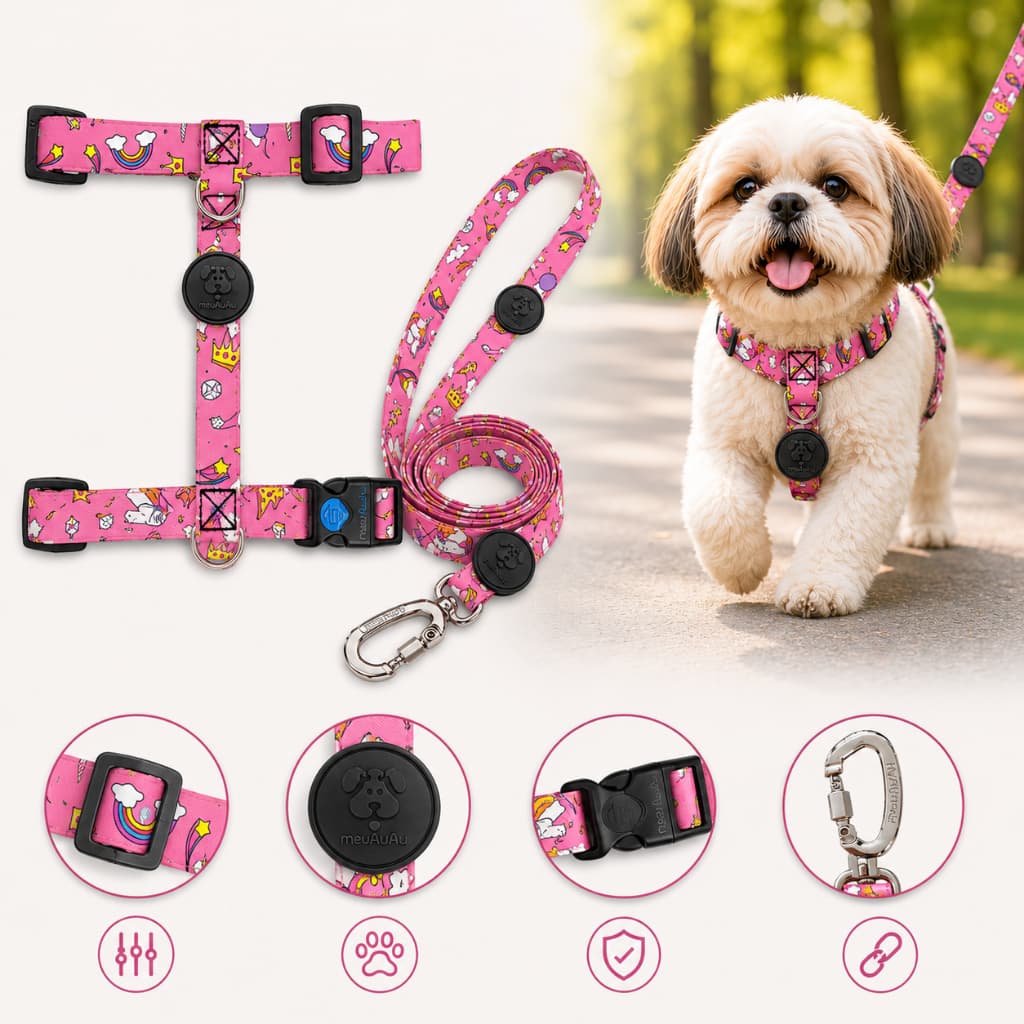 Coleira Peitoral H + GUIA Incluso -  Para Cachorros - UNICORNIO ROSA