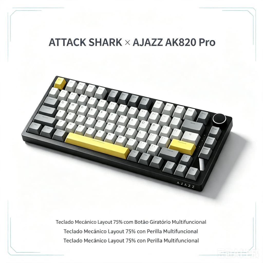 ATTACK SHARK × AJAZZ AK820 Pro Teclado Mecânico 75% Sem Fio, TFT Display, Knob, Hot-Swappable, RGB