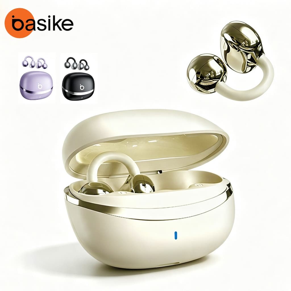 BASIKE Fones De Ouvido Sem Fio Fone Ear Clip Bluetooth Com Microfone Handsfree Cancelamento Ruído Clipe Música Esportes