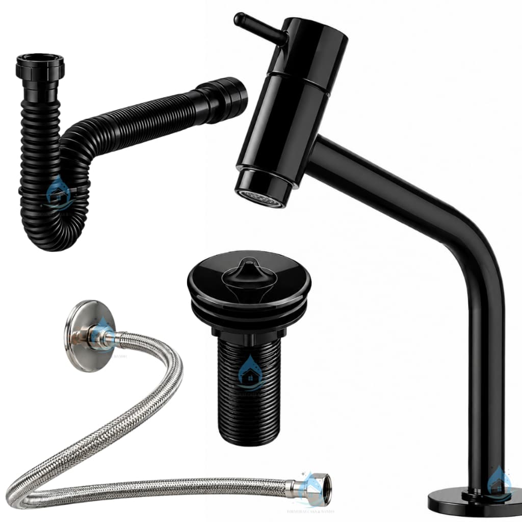Kit Torneira Banheiro Preta Alta Luxo Completo Com Válvula Lavatório Sifão Universal Engate Flexível Premium