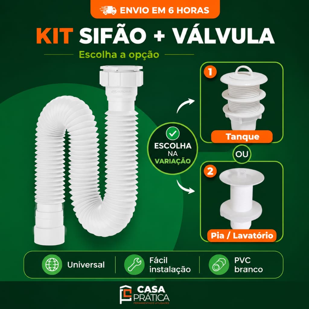Kit Sifao Sanfonado Universal Valvula Ralo PVC Pia Cozinha Tanque Lavatorio Banheiro Cuba 7/8 1.1/4