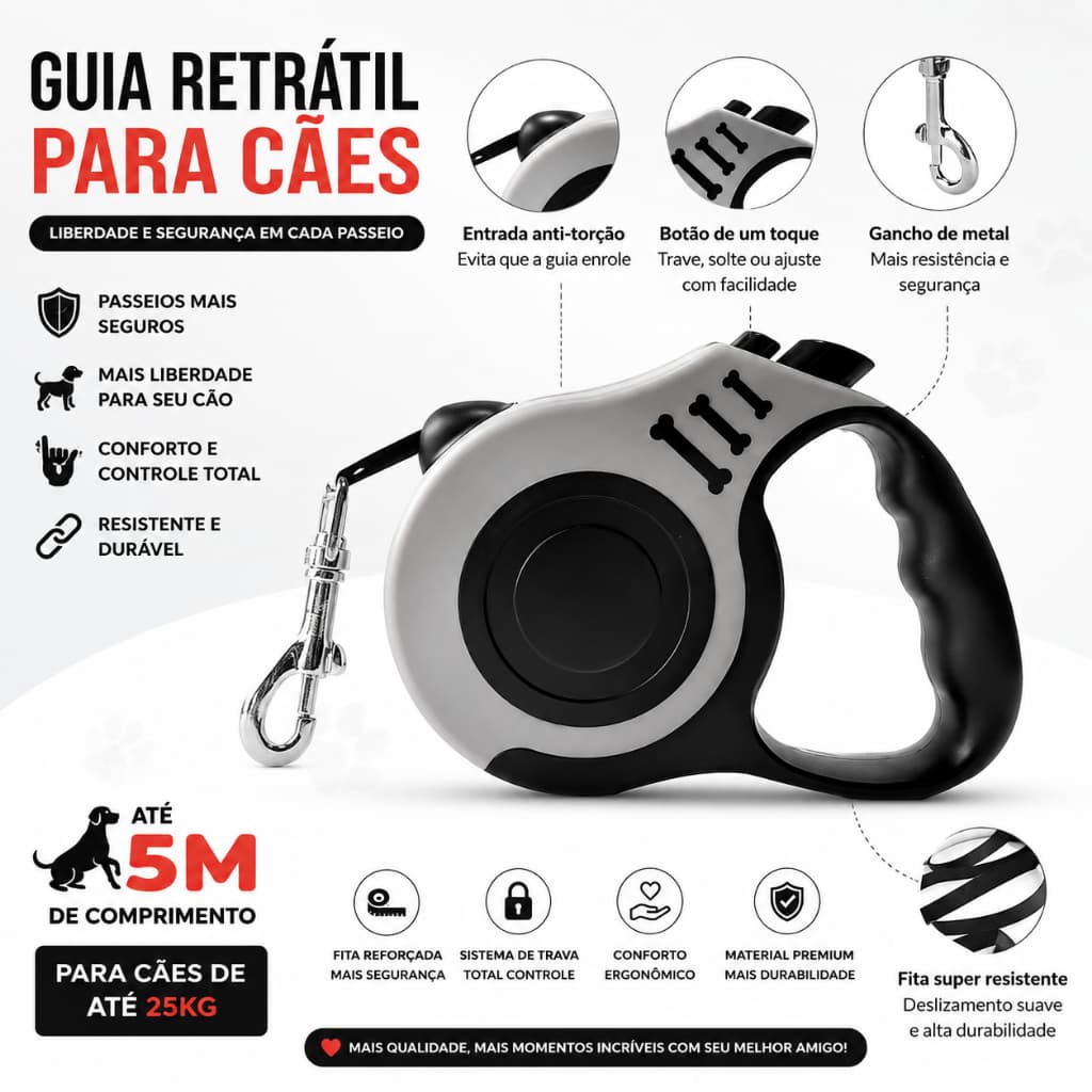 Guia Retratil Para Cachorro Extensivel Fita Reforçada Coleira Automatica Com Trava De Segurança Caes Medio E Pequeno