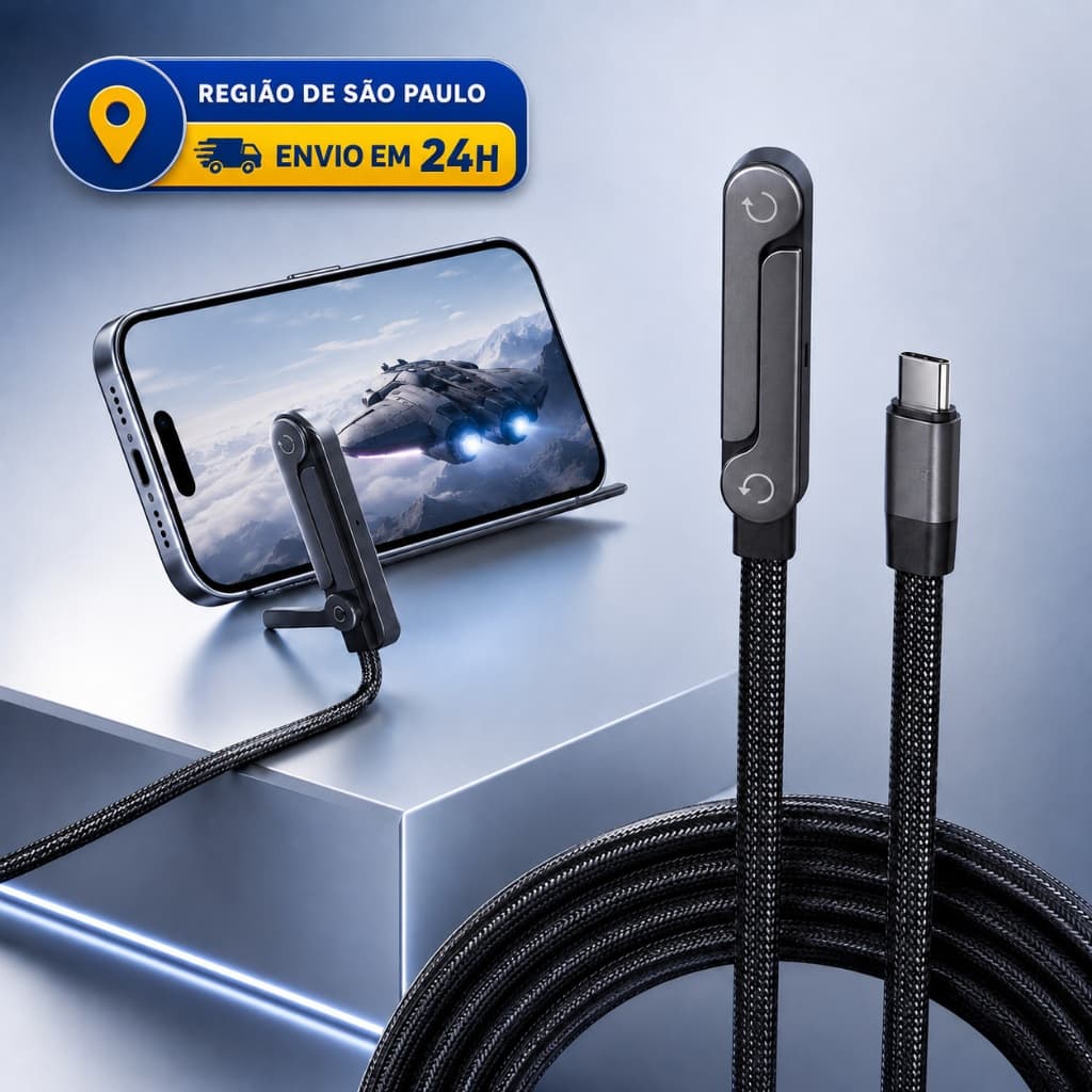 Cabo Carregador USB-C 240W Carga Rápida com Suporte de Mesa para Celular 2 em 1 Reforçado
