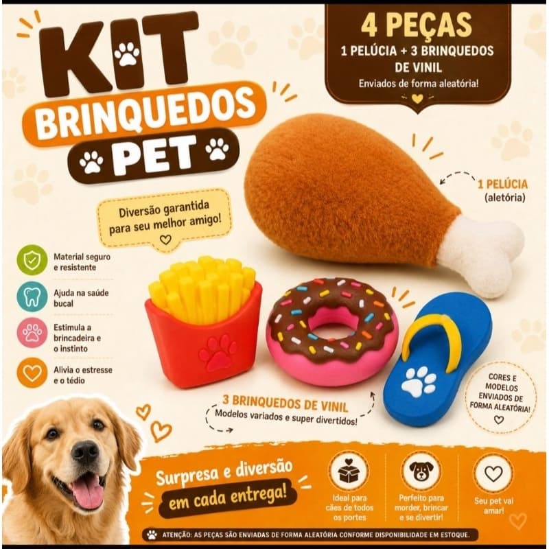 Kit Brinquedos para Cachorro – Pelúcia com Apito + 3 Brinquedos de Vinil