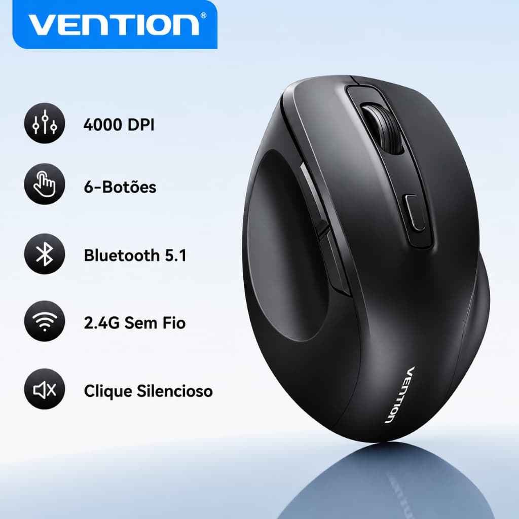 Mouse Vention sem fio Bluetooth 5.1 USB 2.4Ghz modo Duplo Ergonômico 4000 DPI com 6 botões