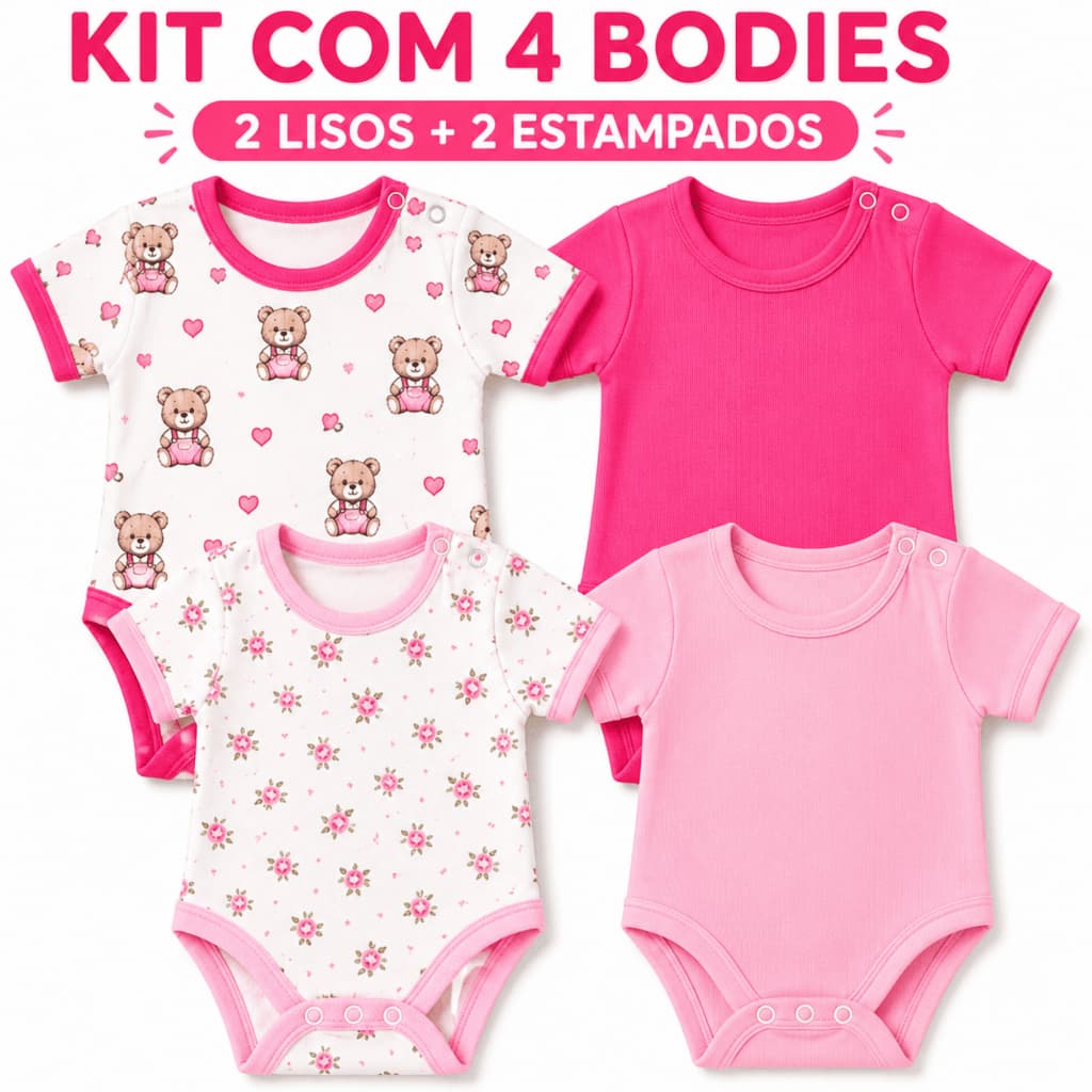 Kit 4 Body Bebê Menina Malha Canelada Algodão Manga Curta Verão RN P M G Roupa Bebê Enxoval Recém Nascido
