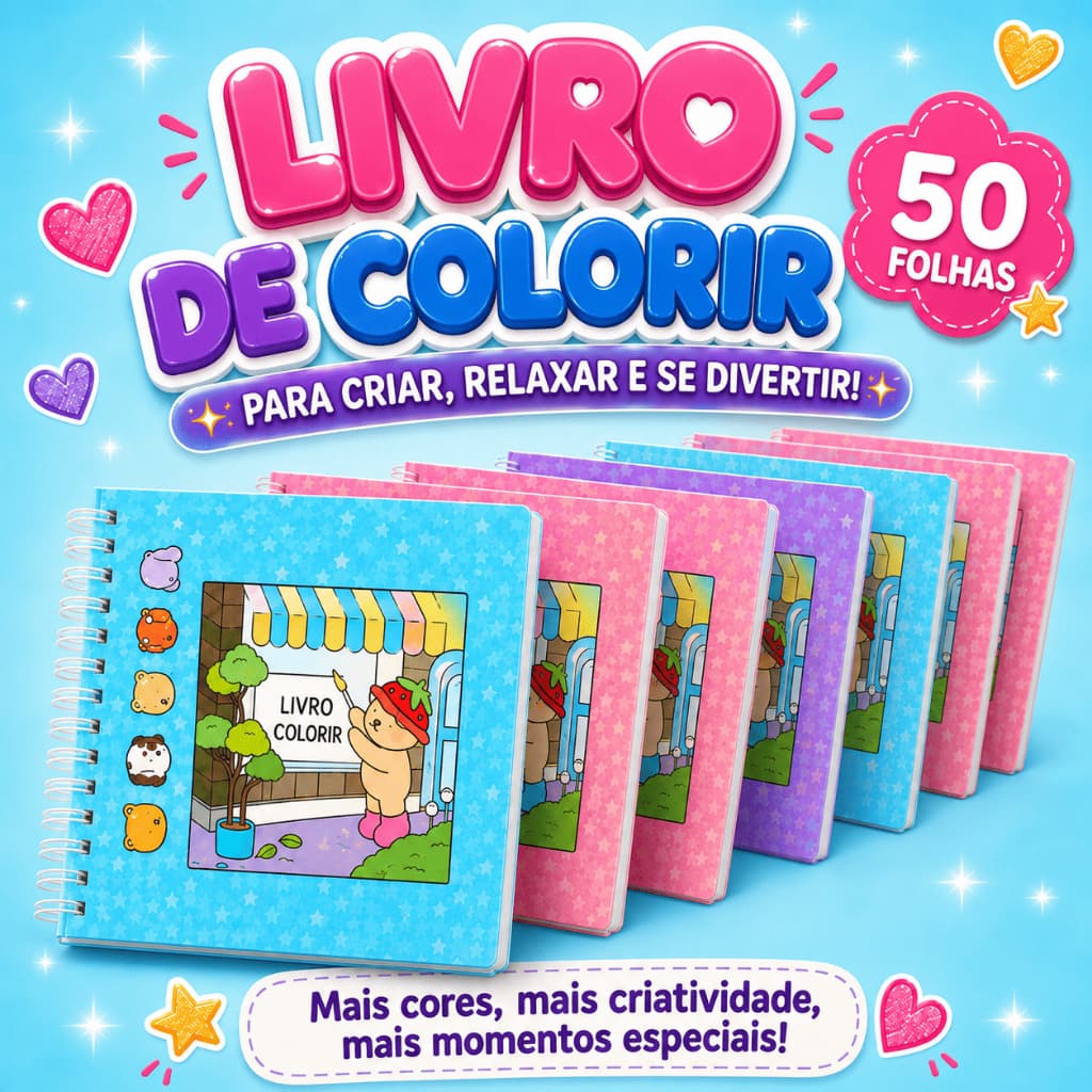 Kit Livros para Colorir Infantil Antiestresse Capa Dura Holográfica 50 Folhas – Escolha de 1 a 20