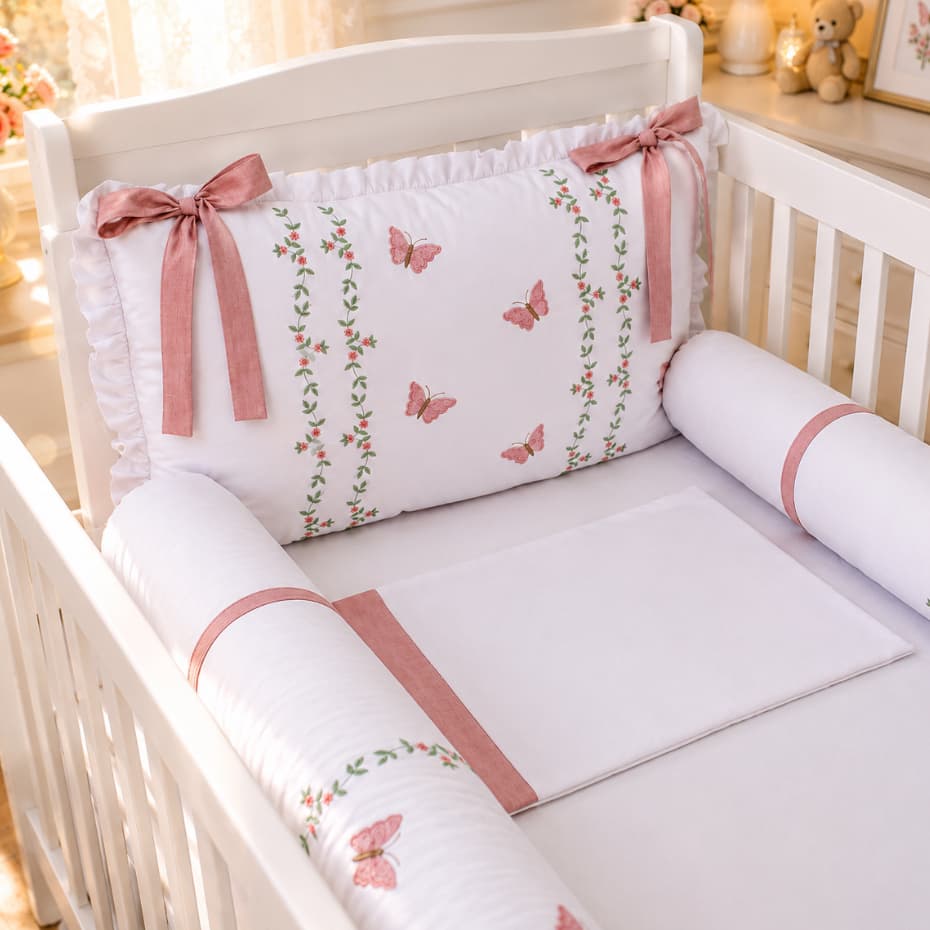 Kit Berço Americano Luxo Borboleta Jardim Encantado Flores Menina Bordado 100% Algodão Enxoval Bebê