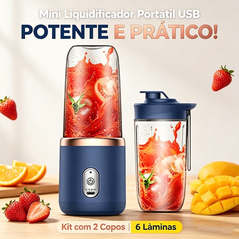 Mini Liquidificador Portátil Recarregável USB 6 Lâminas Potente Kit com 2 Copos para Suco Vitamina Viagens e Uso Diário