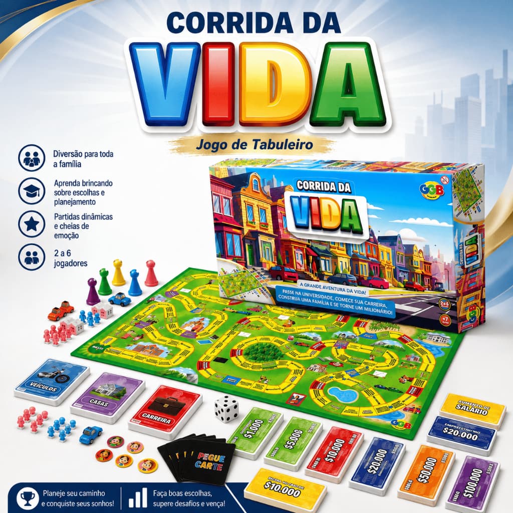 Jogo de Tabuleiro Corrida da Vida Completo com Cartas e Dinheiro Criança Adulto Familia