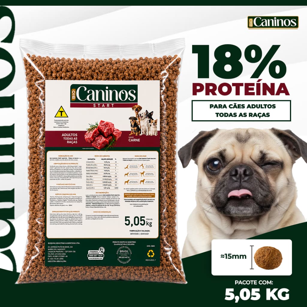 Ração Para Cachorro Adulto Caninos Start 5kg Todas as Raças Sabor Carne 18% Proteína