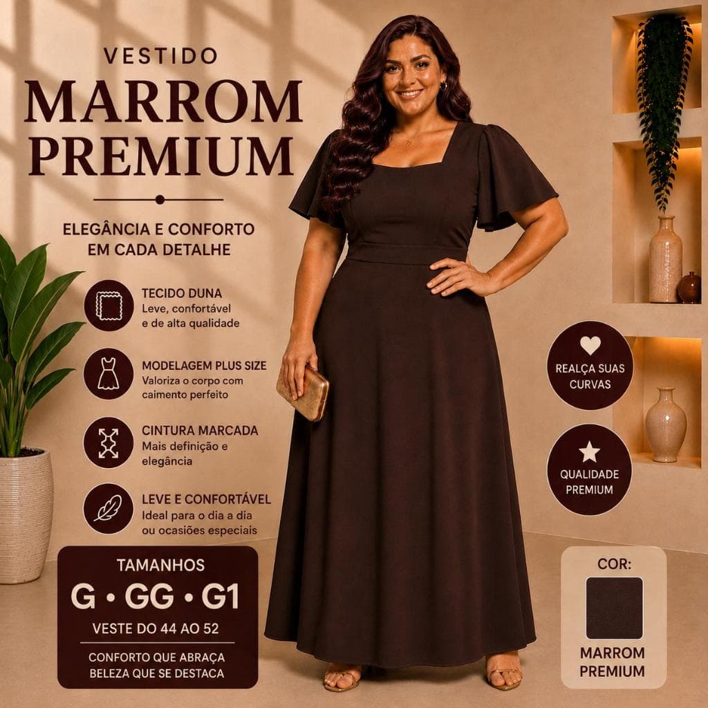 Vestido Longo Plus Size Feminino Elegante Manga Solta Decote Quadrado Tecido Duna Moda Evangelica Festa