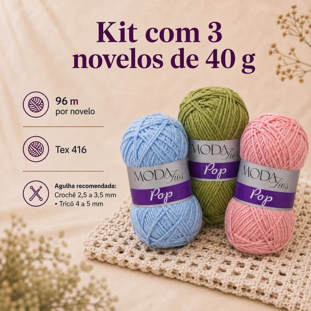 Kit 3 Novelos Fio Lã Acrílica Pop Moda Fios 40g 96m Crochê Tricô Amigurumi Artesanato