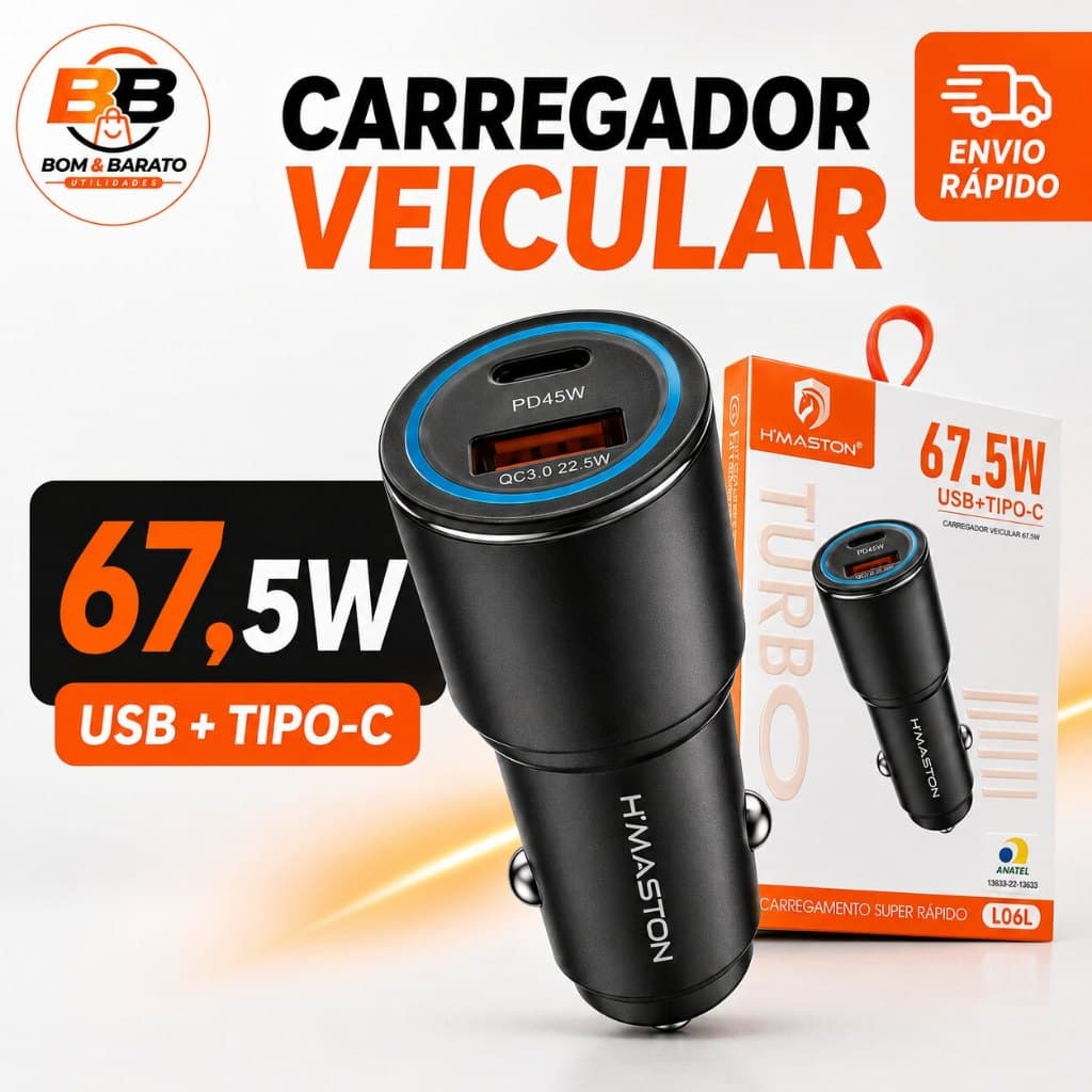 Carregador Veicular Turbo 67,5W USB + Tipo C PD45W Carregamento Rápido para Celular