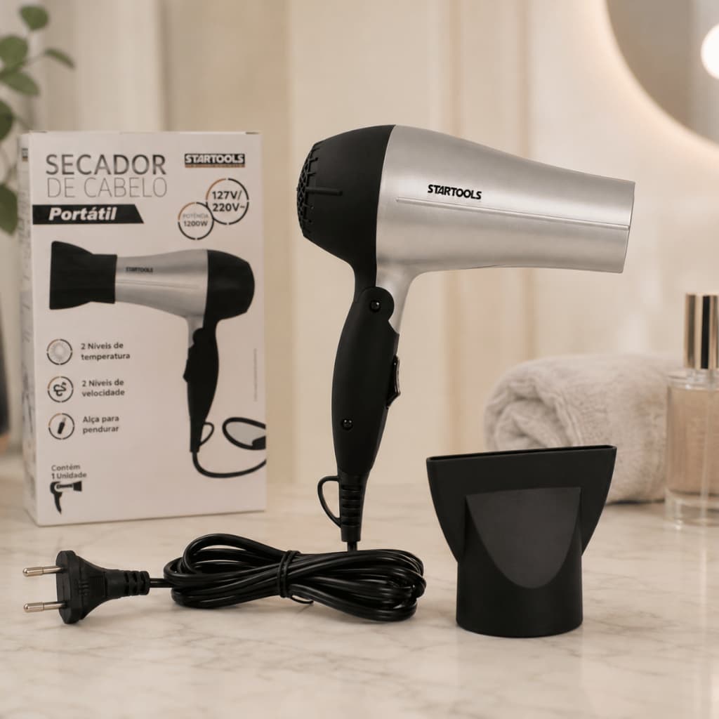 Secador de Cabelo Profissional Portátil 1200W Bivolt Cinza Rosa Dobrável Leve Bolsa Viagem Potente Pequeno Alisador