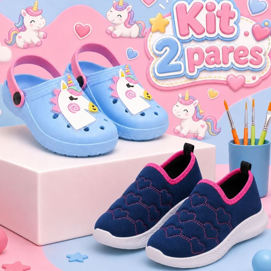 Kit 2 Pares Tênis Infantil Feminino Calce Facil + Sandália Babuche Infantil Menina Varias Cores Macio e Confortável