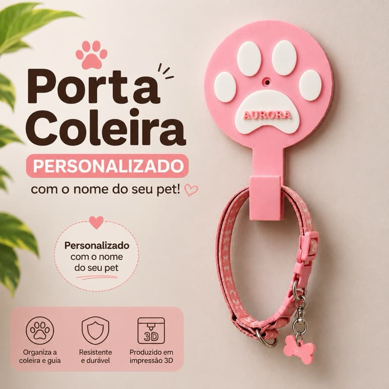 Porta Coleira Personalizado para Cachorro|Suporte de Parede para Guia e Coleira|Organizador Pet com Nome|