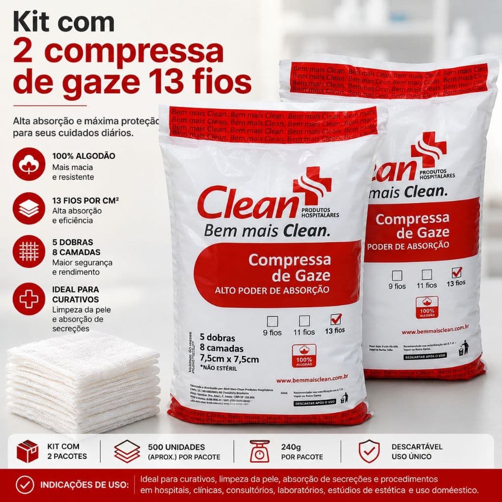 Kit 2x Compressa de Gaze 13 Fios Hidrófila Curativo Hospitalar 1000Un ou 480g