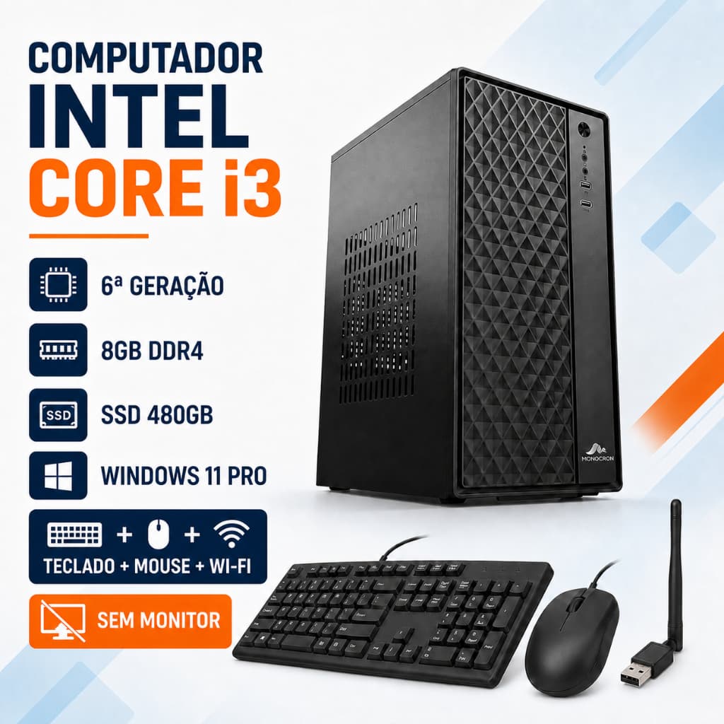 Computador Intel Core i3 6ª Geração 8GB DDR4 SSD 480GB Wi-Fi Windows 11 Pro + Kit