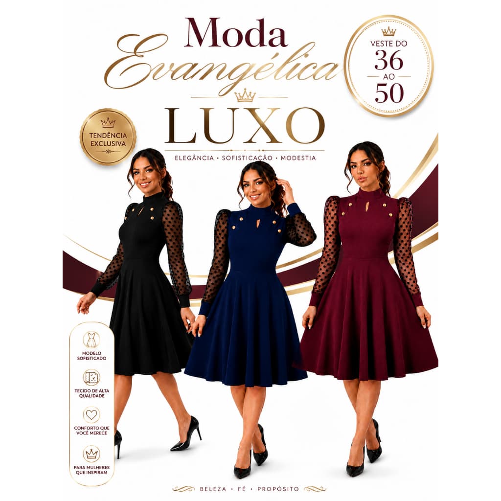 Vestido Moda Evangélica Rodado Soltinho Plus Size Godê Midi Mangas Princesa Vestidos Evangélicos Social Roupas Feminina