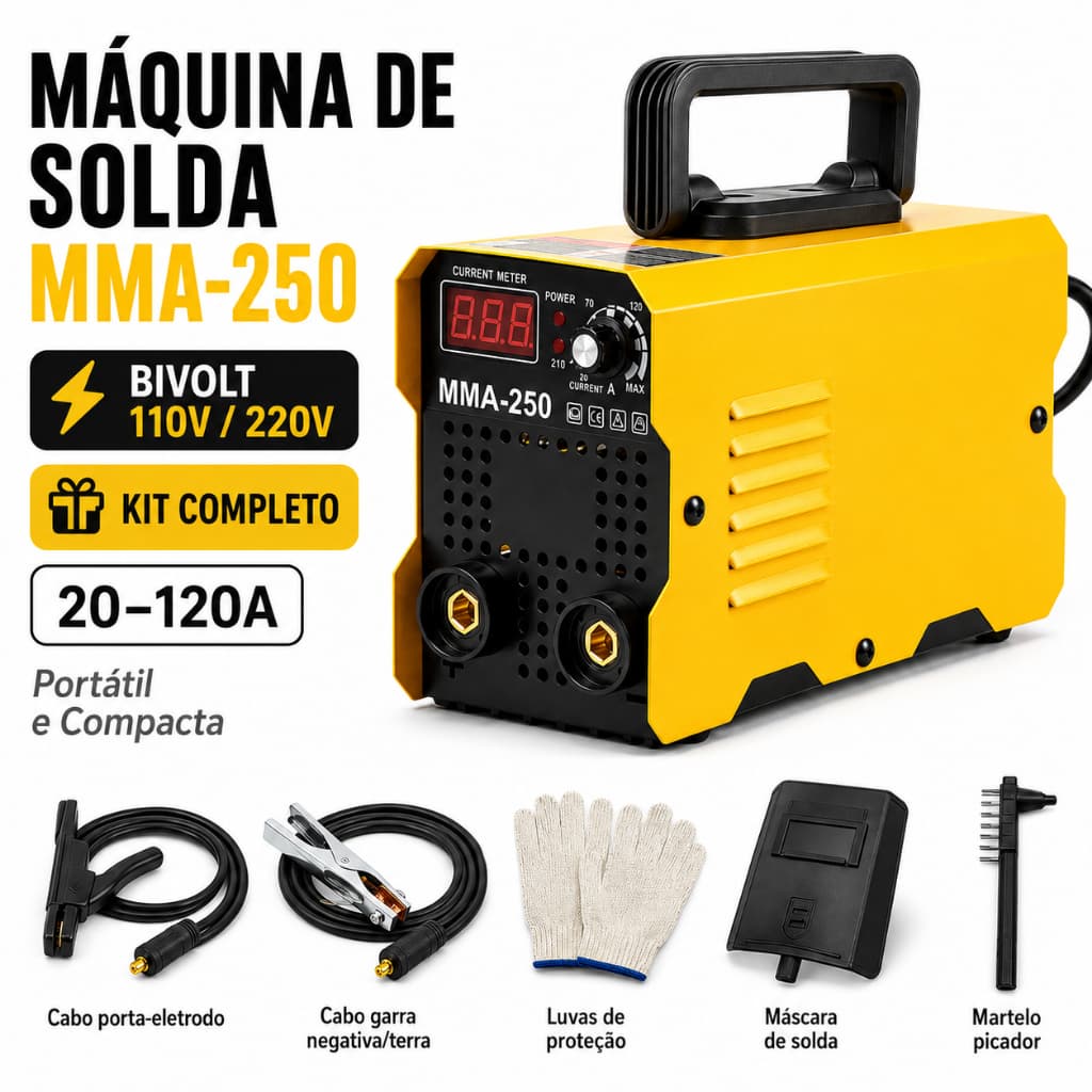 Máquina de Solda Inversora MMA-250 Bivolt 110V/220V Portátil 20-120A com Kit Completo