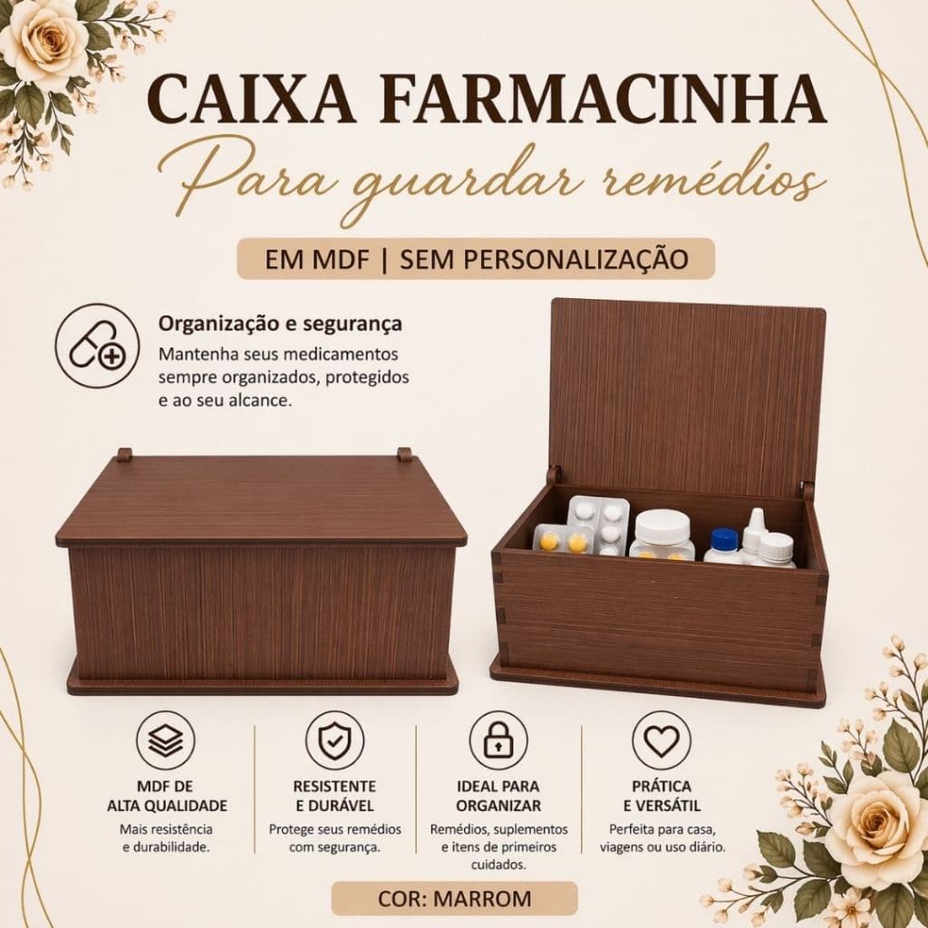 Caixa Farmacinha em MDF Organizadora de Remédios Kit Primeiros Socorros Tampa com Dobradiça Cor Marrom