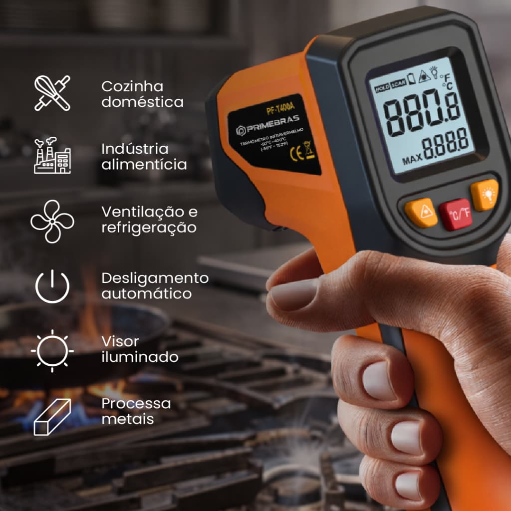 Termômetro Industrial Digital Infravermelho Cozinha Laser Medição Temperatura Industrial -55º- 400ºc Primebras PF-T400A