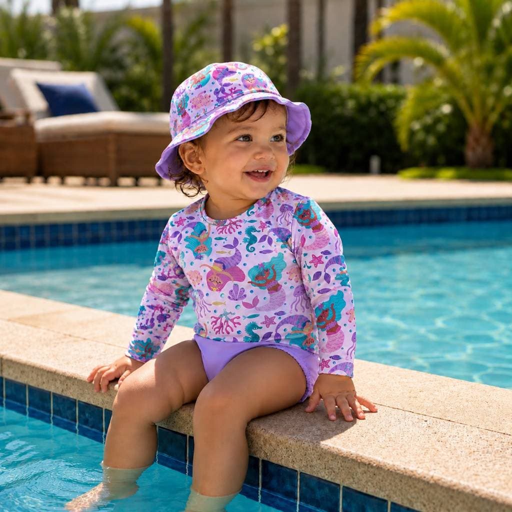 Kit Bebê Menina Blusa com Proteção solar UV+ Tapa Fralda (Calcinha do Biquine)e Chapéu Ideal para Praia e Piscina