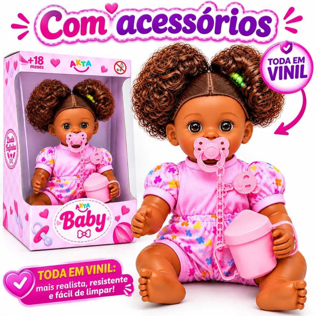 Boneca Negra Bebê Reborn Afro Articulada 32cm Toda Vinil Com Acessórios - Envio Imediato -