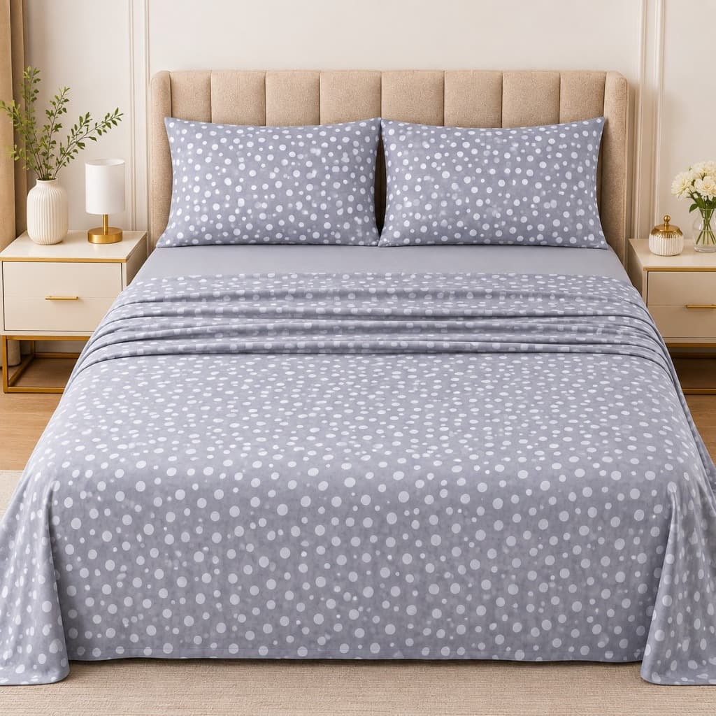 Kit Jogo de Cama Casal Queen King 4 Peças Poá Malha 100% Algodão Lençol Elástico Fronha com Zíper