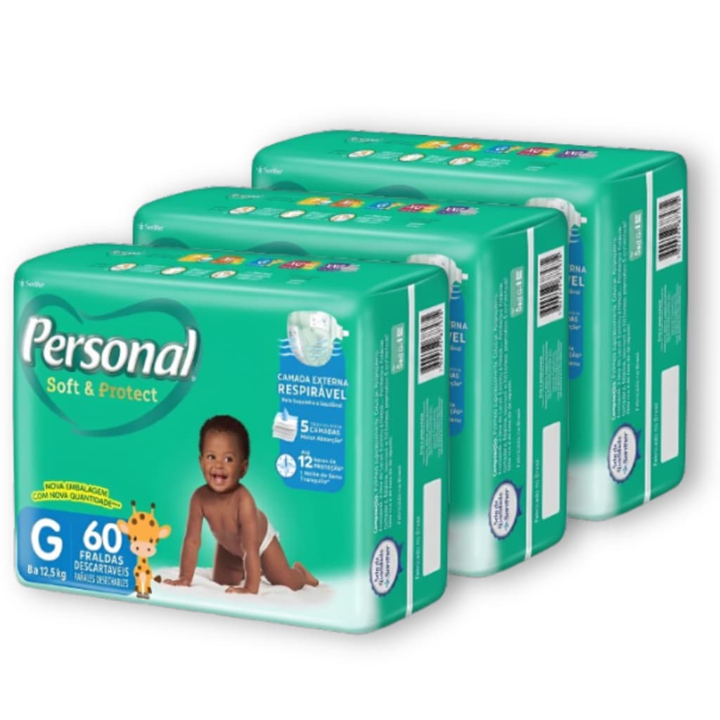 Kit 3 Fralda Personal Baby Protect & Sec Tamanho G Pacote Hiper - Total 180 Unidades
