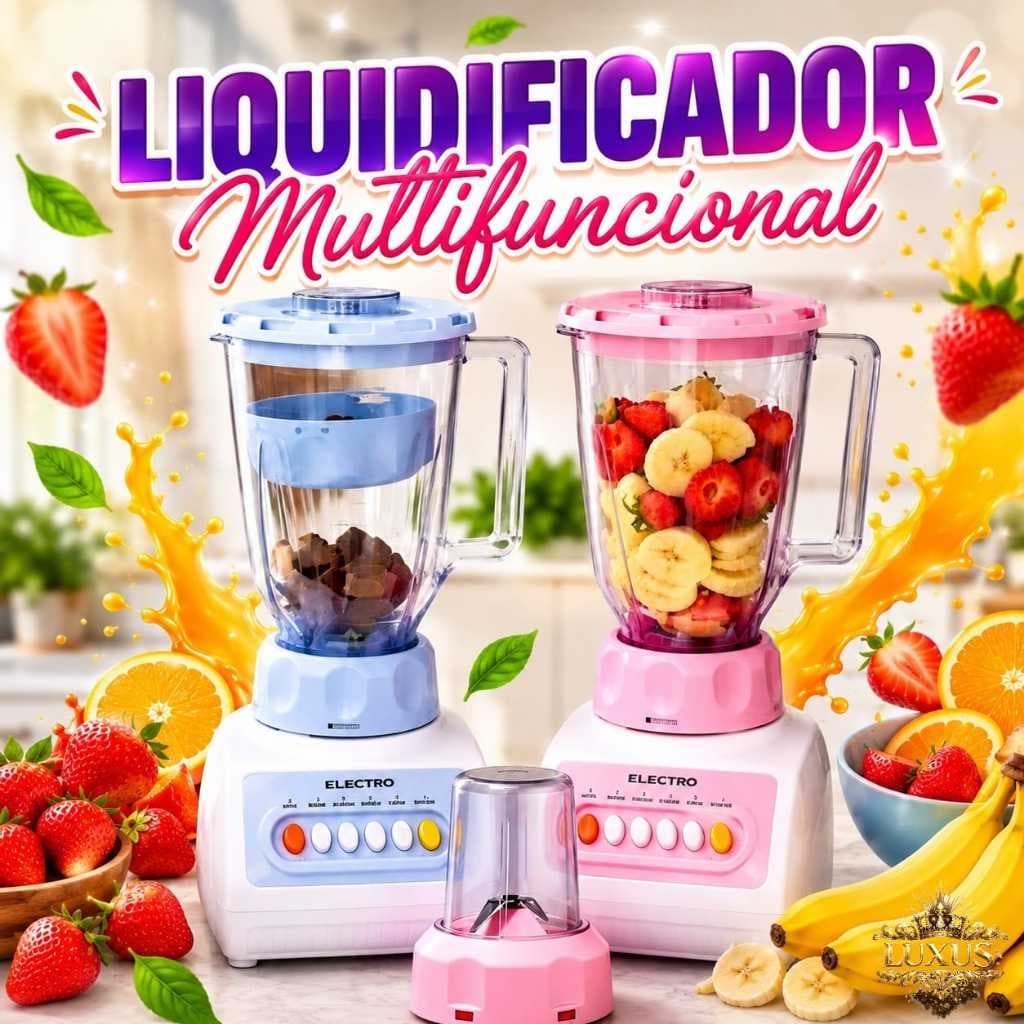 Liquidificador Multifuncional 2 em 1 com Mini Triturador Potente para Sucos Vitaminas Frutas e Alimentos Rosa Azul Branc