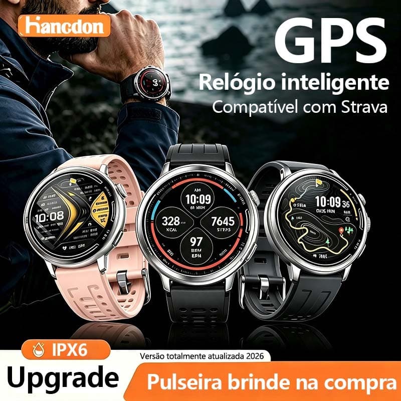smartwatch relogio HANCDON 3ATM à Prova de água GPS integrado Compatível com Strava 100+esportes Relógio de movimento