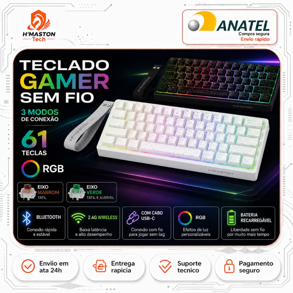 H'MASTON TK12 Teclado Mecânico 60% Teclado Mecanico Teclado Gamer Mecanico Teclado Mecânico Sem Fio Teclado Gamer