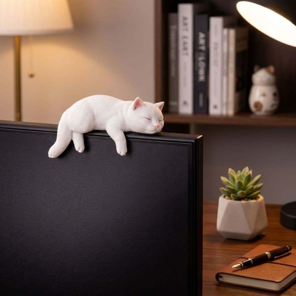 Gato Deitado Monitor Escultura Decorativa Gatinho Dormindo Borda Tela TV Setup Gamer Impressao 3D 10cm
