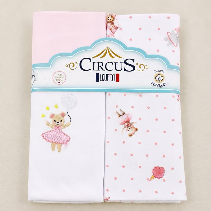 Kit Cueiro Bebê Flanelado Circo 2 Unidades 80x80cm 100% Algodão Bordado Manta Enxoval Menina Recém-Nascido Minasrey
