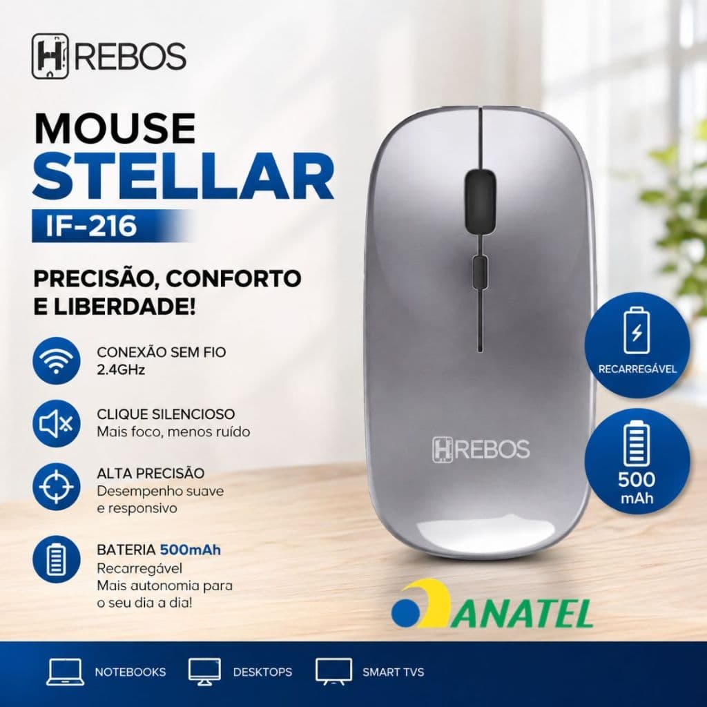 Mouse Hrebos IF-216 Sem Fio Wireless Recarregável 500mAh Silencioso Slim para PC Notebook 1600DPI
