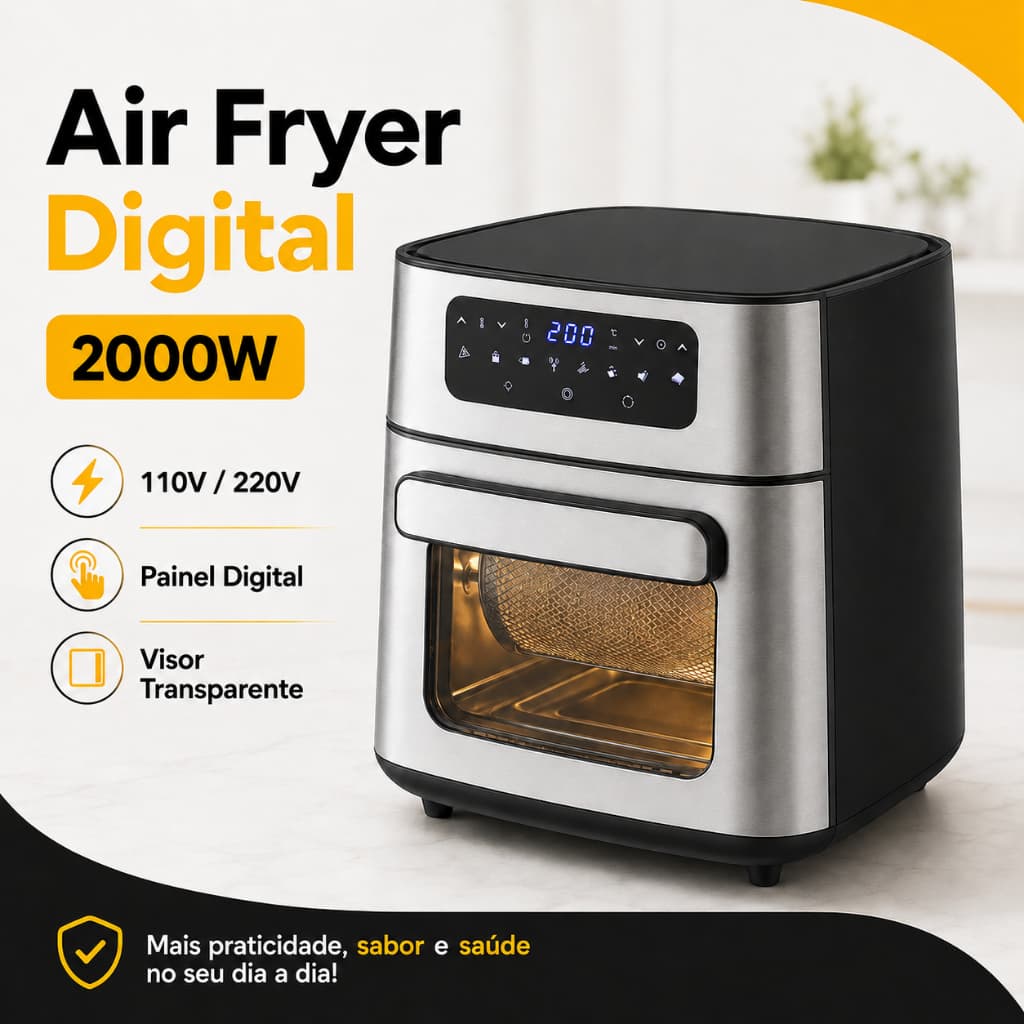 Fritadeira Elétrica Sem Óleo Air Fryer Antiaderente Painel Digital Aço Inox