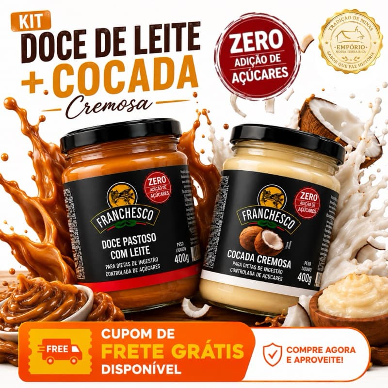 Doce de Leite Zero Açúcar Diet + Cocada Cremosa Diet Franchesco 400g Sem Adição de Açúcares Café da Manhã Saudável