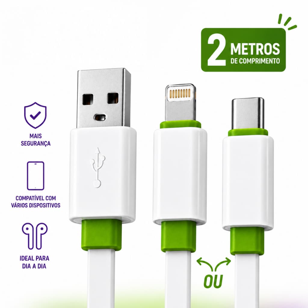 Cabo Carregador Celular 2M Lightning ou Tipo C USB Resistente Carga Rápida