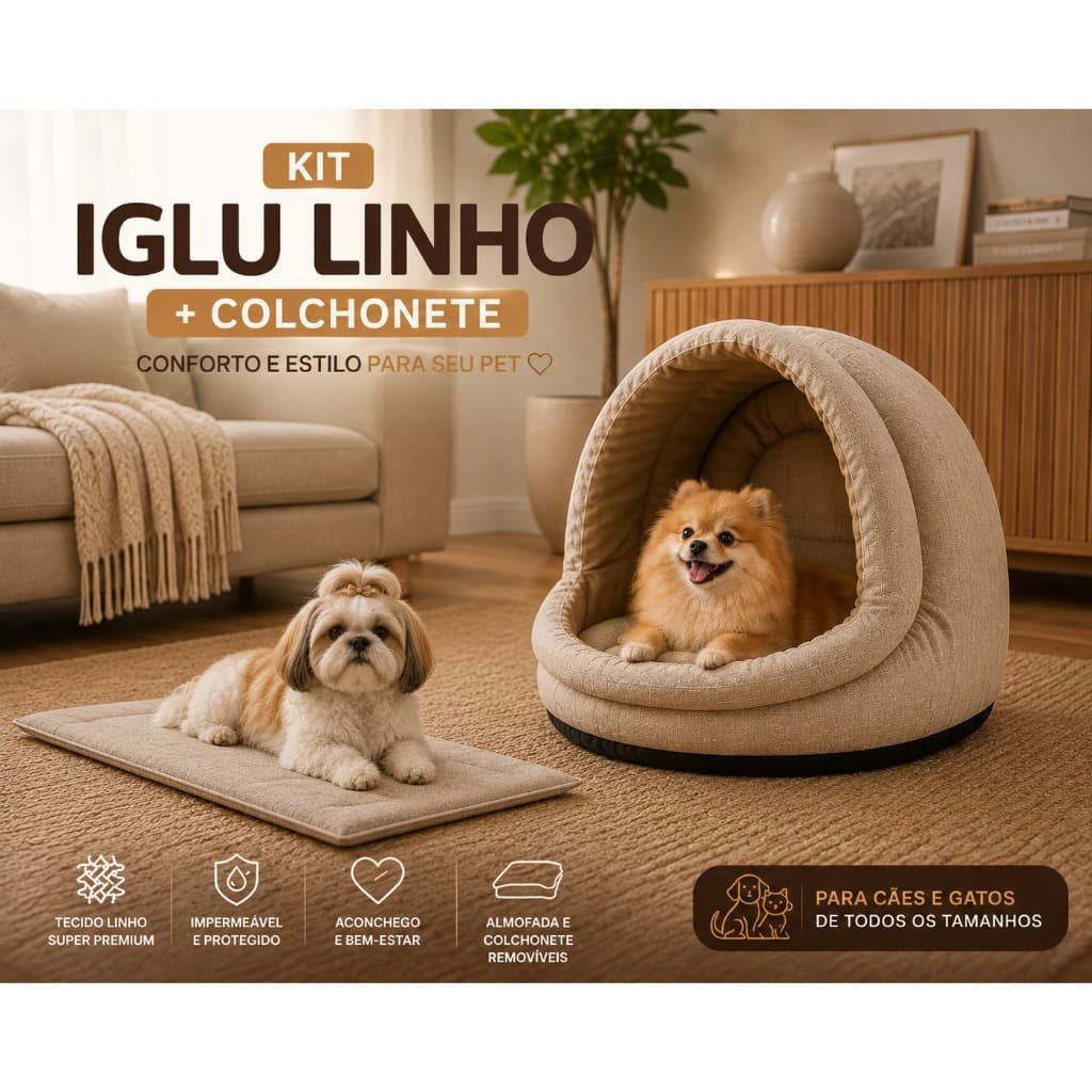 Kit Cama Iglu + Colchonete Pet Linho Premium Para Cachorro Gato Caminha Casinha Lavável