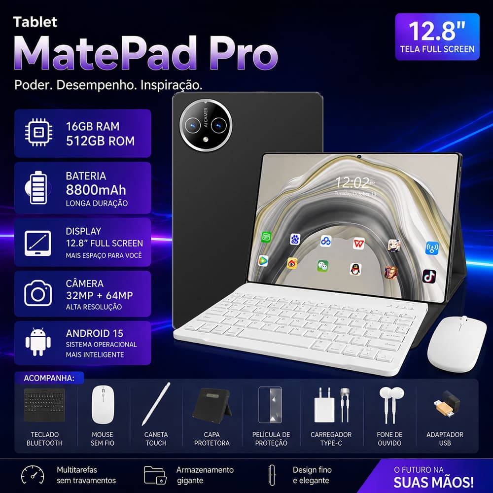 Galaxy Tablet MatePad Pro 12.8" 2.5K - 16GB RAM 512GB ROM - Android 15 - Tela Full Screen -Câmera 48MP - Bateria 8800mAh