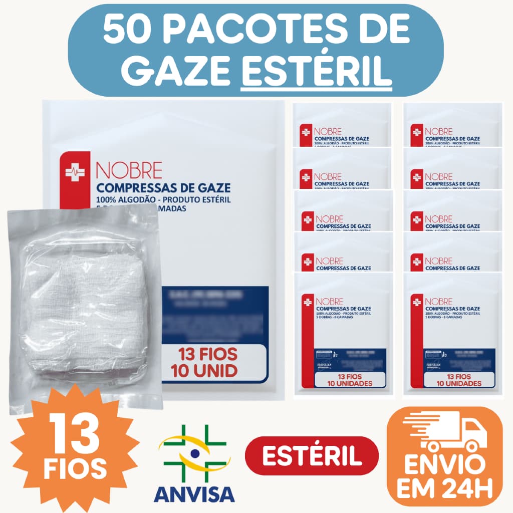 50 Pacotes com 10 Gazes Estéril Kit com 500 Compressas de Gaze 13 fios Nobre 100% Algodão Cirúrgica